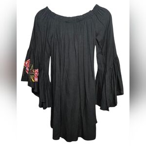 Feathers Flutter Sleeve Embroidered Mini Dress 100% Rayon Sz Medium Black